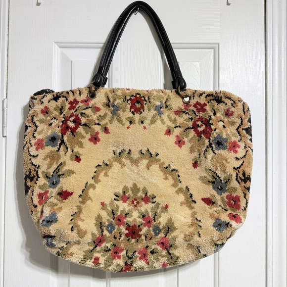 Handbags - Vintage 50’s 60’s floral carpet tote shoulder back leather handles